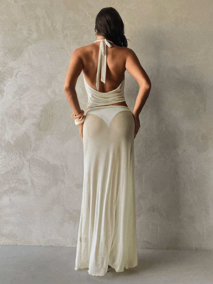 Diosa Set – Draped Halter Top with Long Sheer Skirt