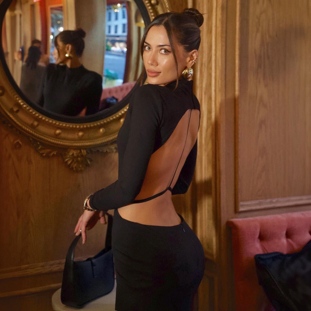 The Midnight Seduction | Solid Color Backless Long-Sleeve Bodycon Mini Dress