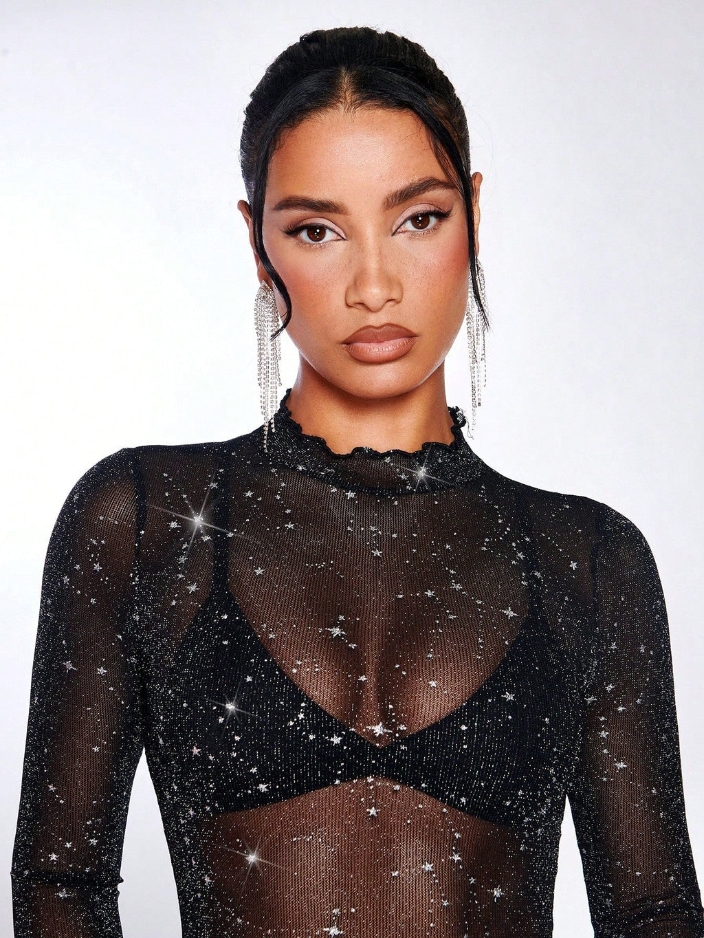 SHEIN BAE Lettuce Edge Glitter Mesh Top Without Bra