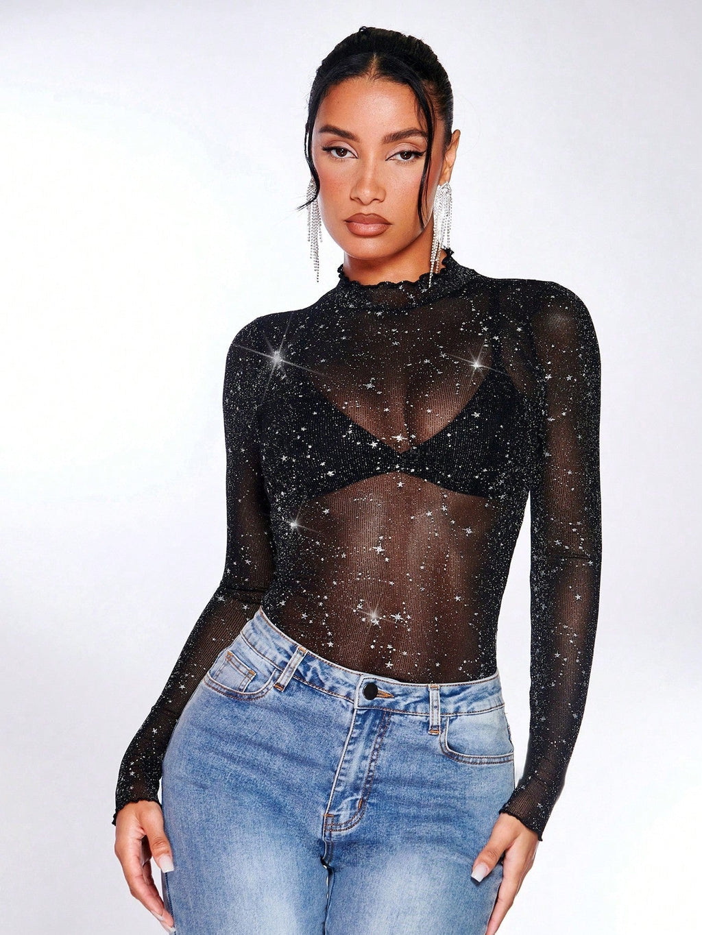 SHEIN BAE Lettuce Edge Glitter Mesh Top Without Bra