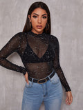 SHEIN BAE Lettuce Edge Glitter Mesh Top Without Bra