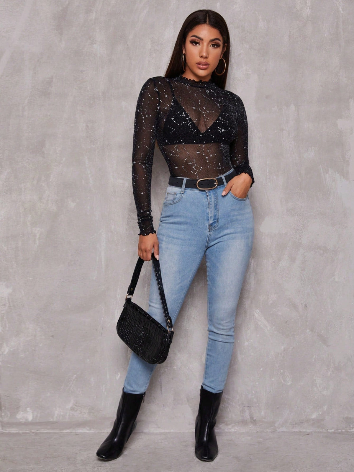 SHEIN BAE Lettuce Edge Glitter Mesh Top Without Bra