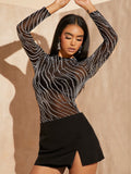 SHEIN BAE Lettuce Trim Glitter Sheer Mesh Top Without Bra