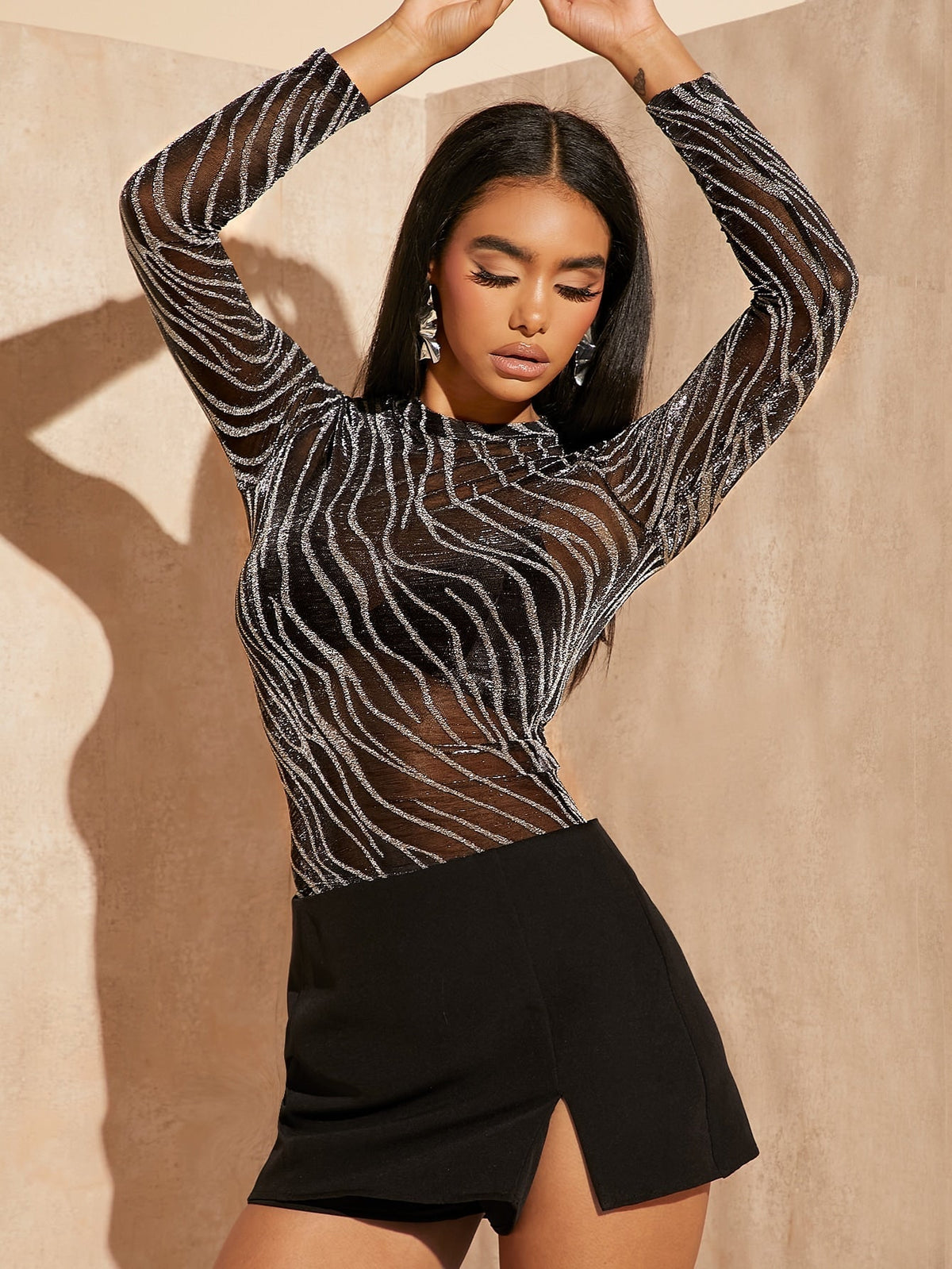 SHEIN BAE Lettuce Trim Glitter Sheer Mesh Top Without Bra