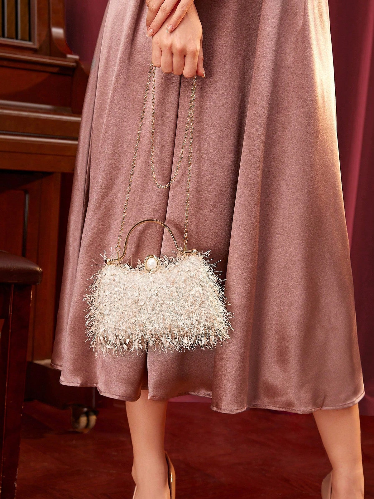 Belle Plush Feather & Rhinestone Decor Top Handle Box Bag