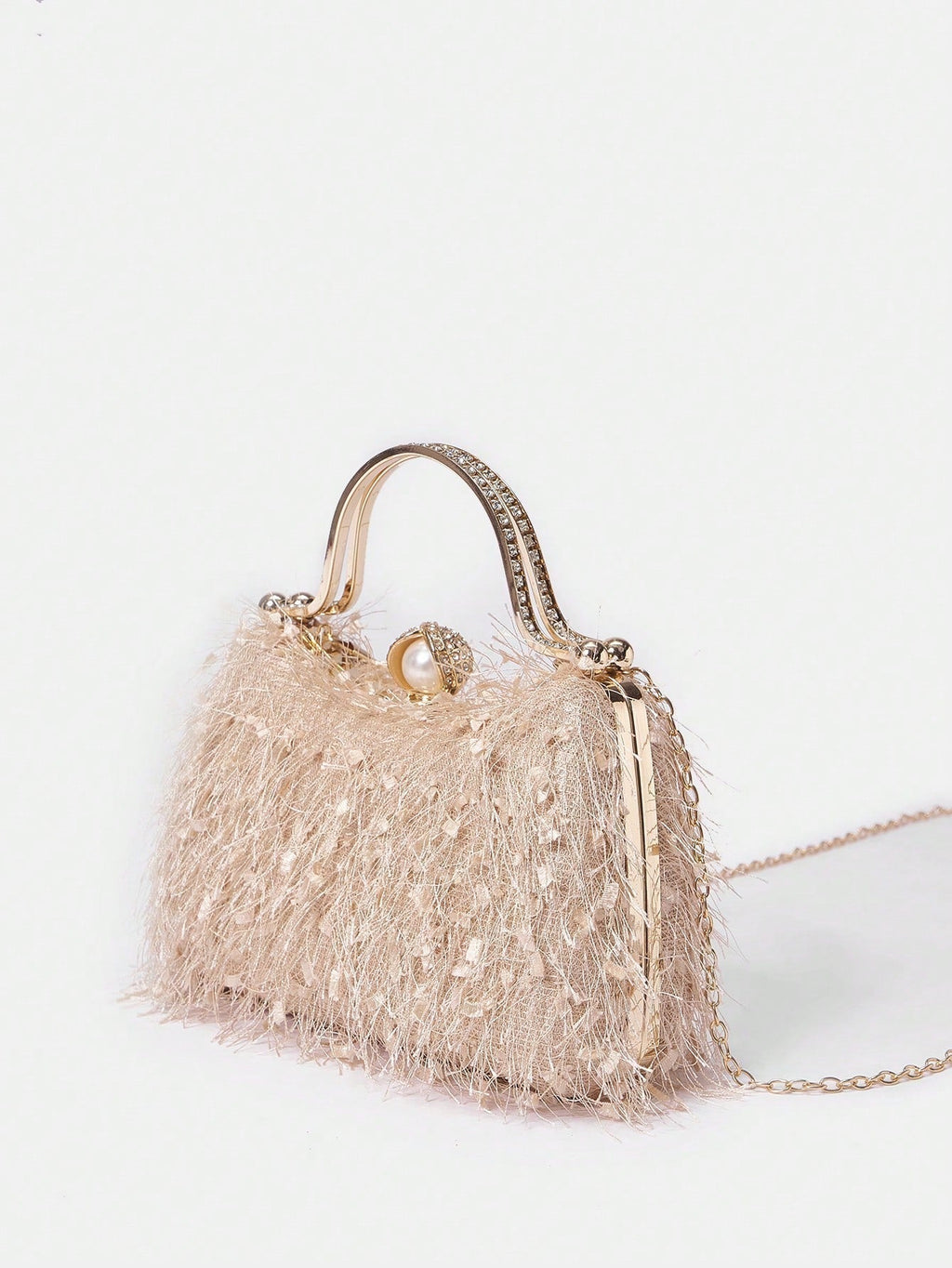 Belle Plush Feather & Rhinestone Decor Top Handle Box Bag