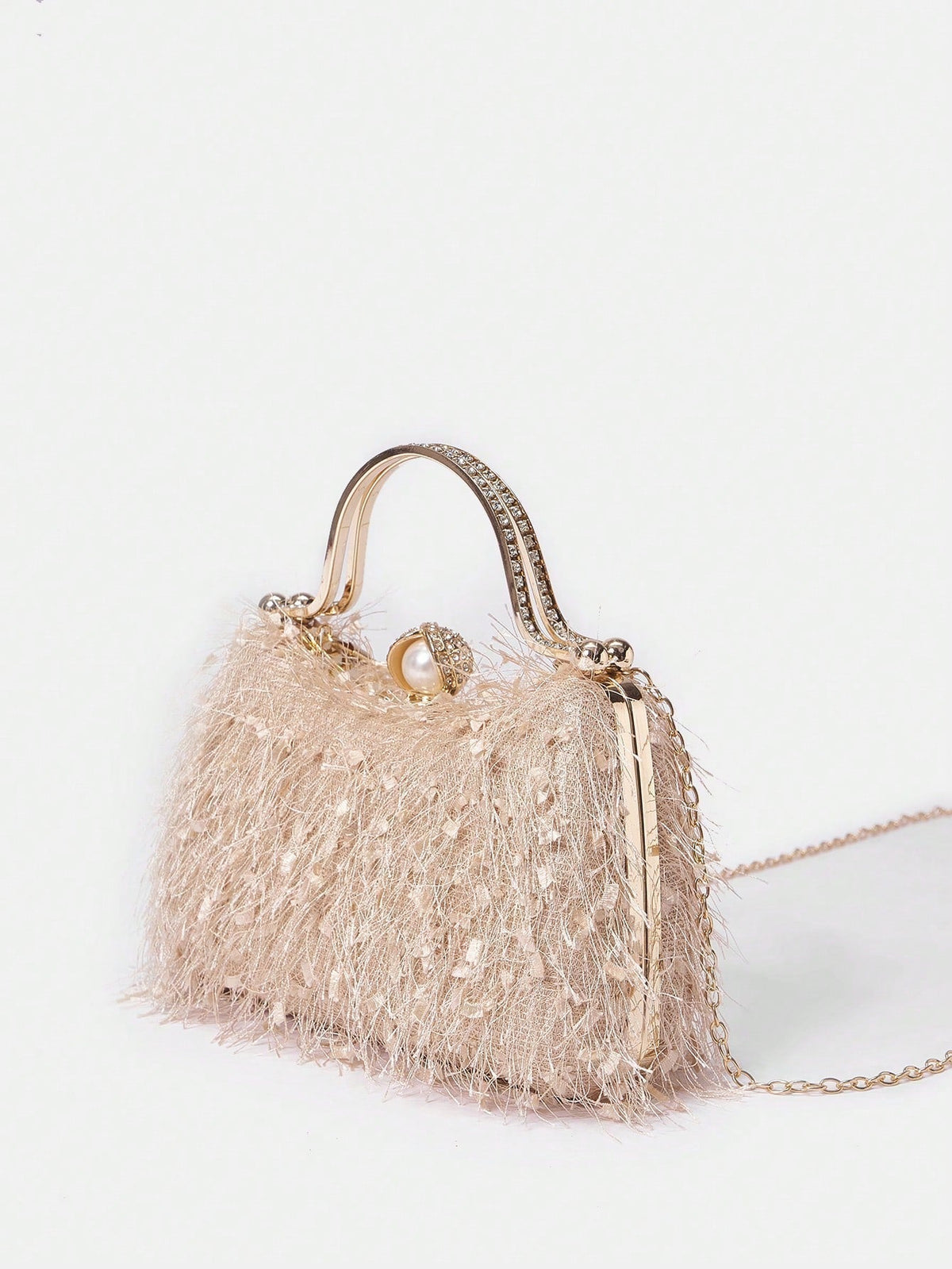 Belle Plush Feather & Rhinestone Decor Top Handle Box Bag