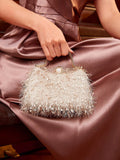 Belle Plush Feather & Rhinestone Decor Top Handle Box Bag