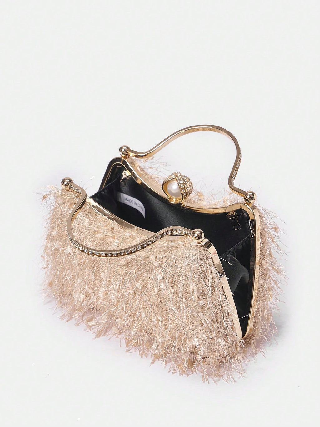 Belle Plush Feather & Rhinestone Decor Top Handle Box Bag