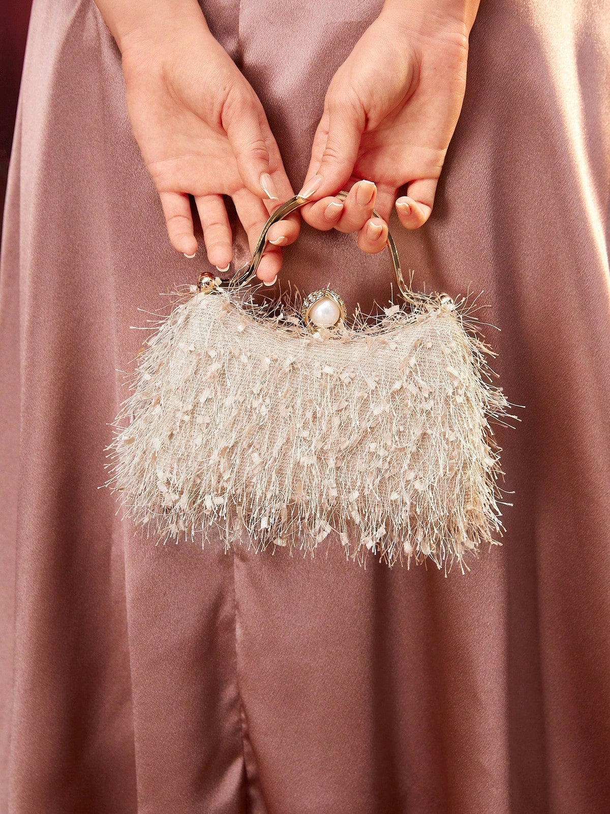 Belle Plush Feather & Rhinestone Decor Top Handle Box Bag
