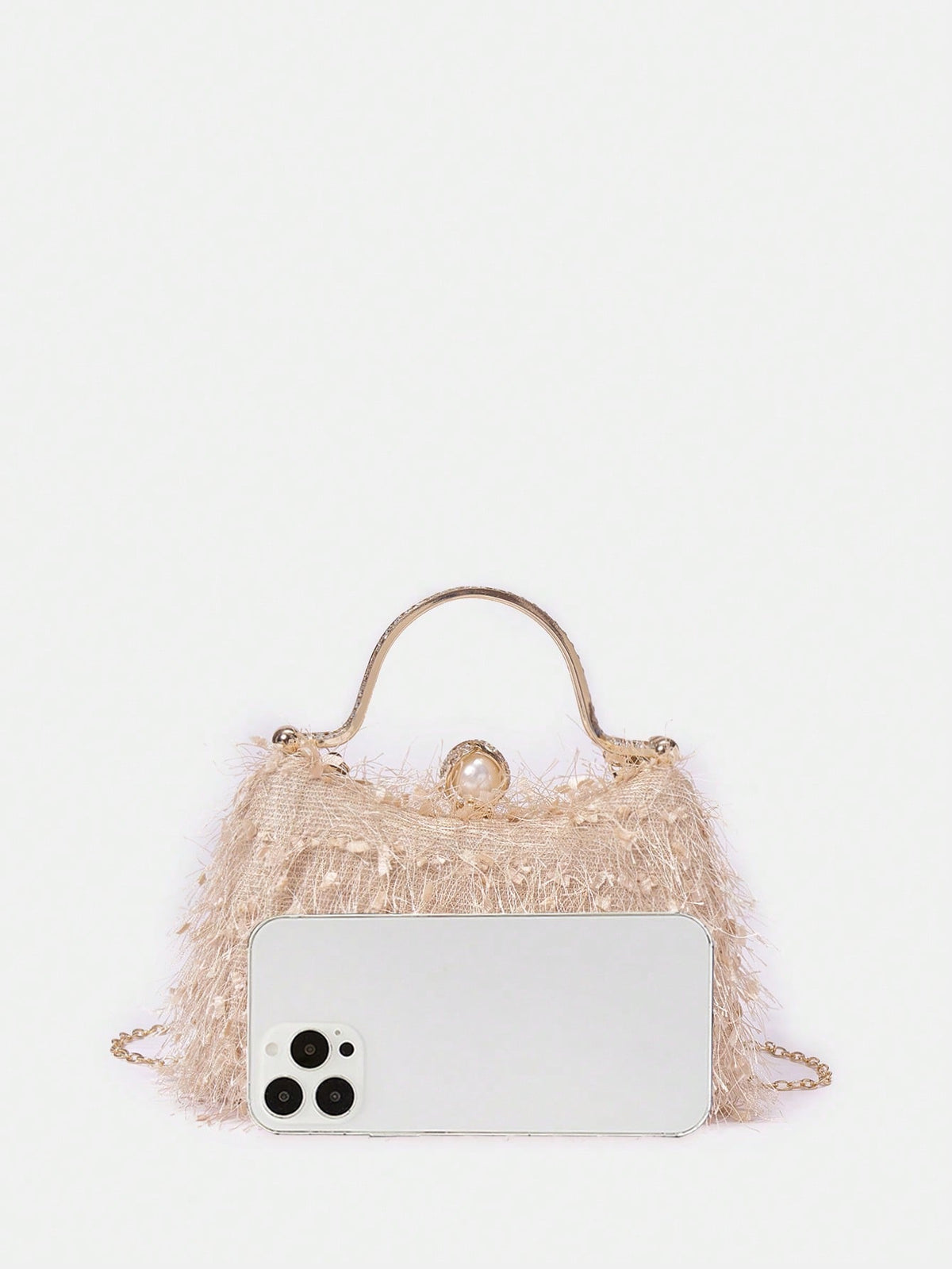 Belle Plush Feather & Rhinestone Decor Top Handle Box Bag
