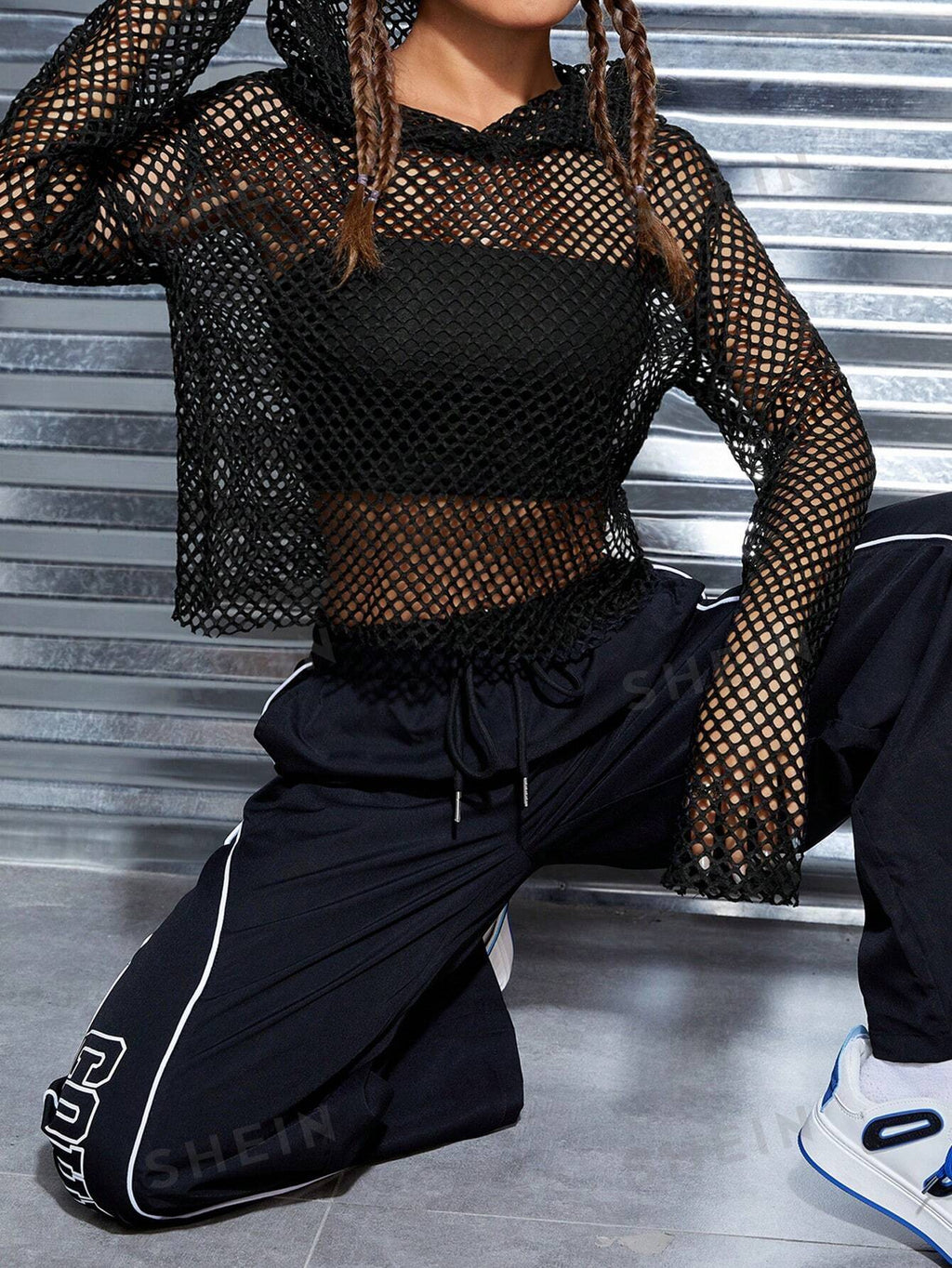 EZwear Hollow Off-Shoulder Fishnet Hooded Cropped Top (Camisole Not Included)