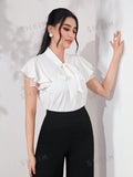 SHEIN Modely Tie Neck Contrast Mesh Flounce Sleeve Summer Blouse
