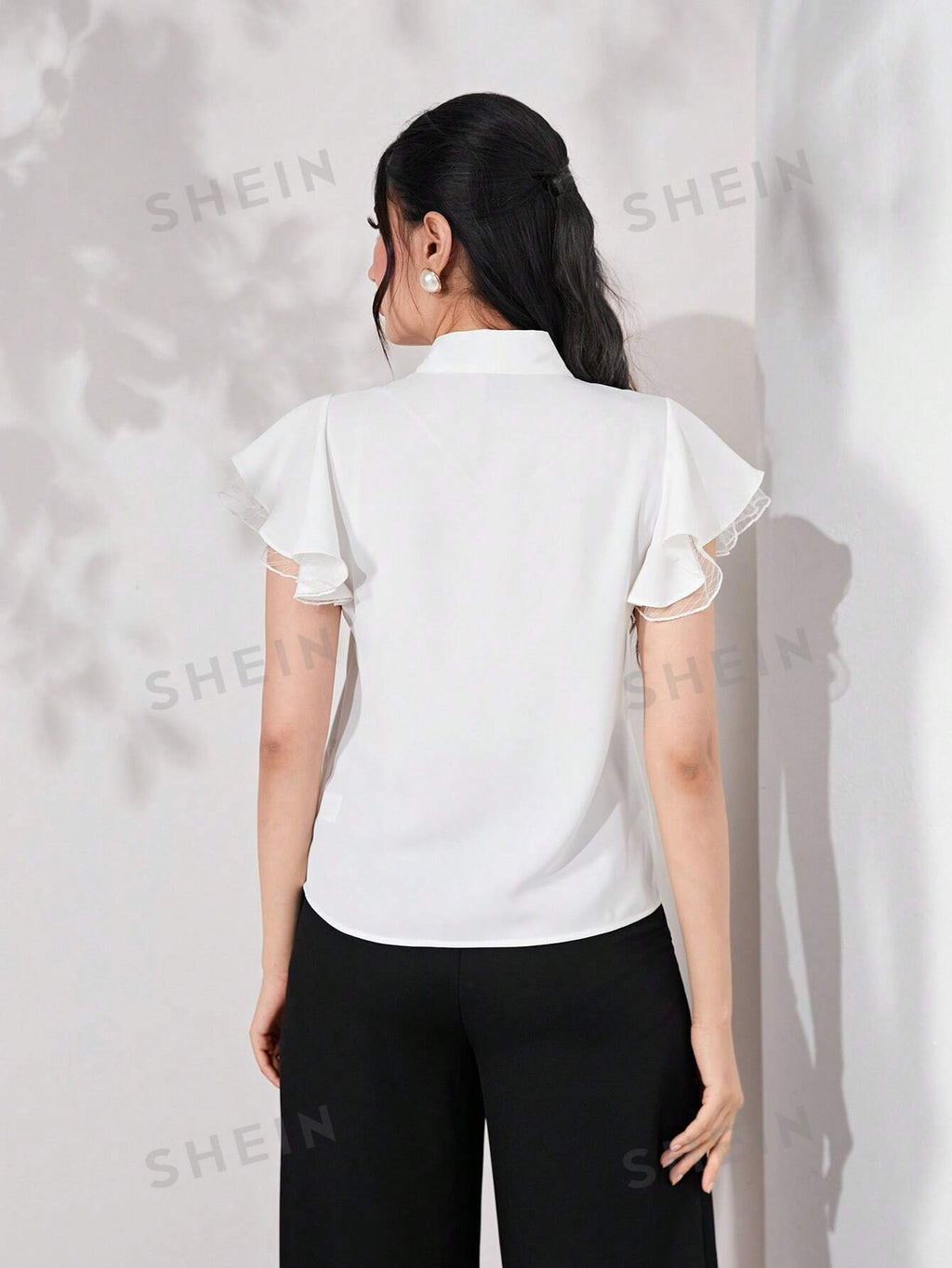 SHEIN Modely Tie Neck Contrast Mesh Flounce Sleeve Summer Blouse