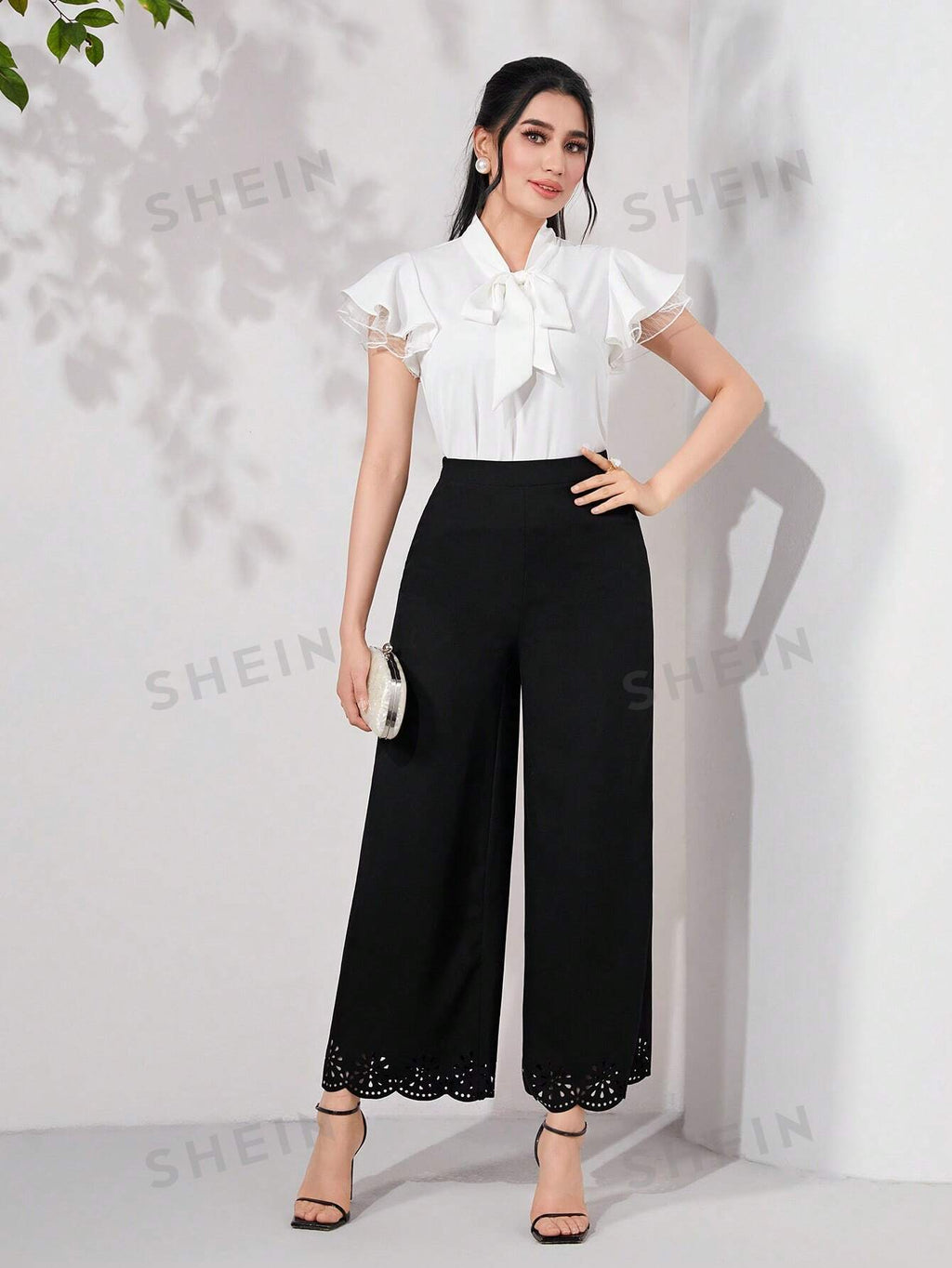 SHEIN Modely Tie Neck Contrast Mesh Flounce Sleeve Summer Blouse