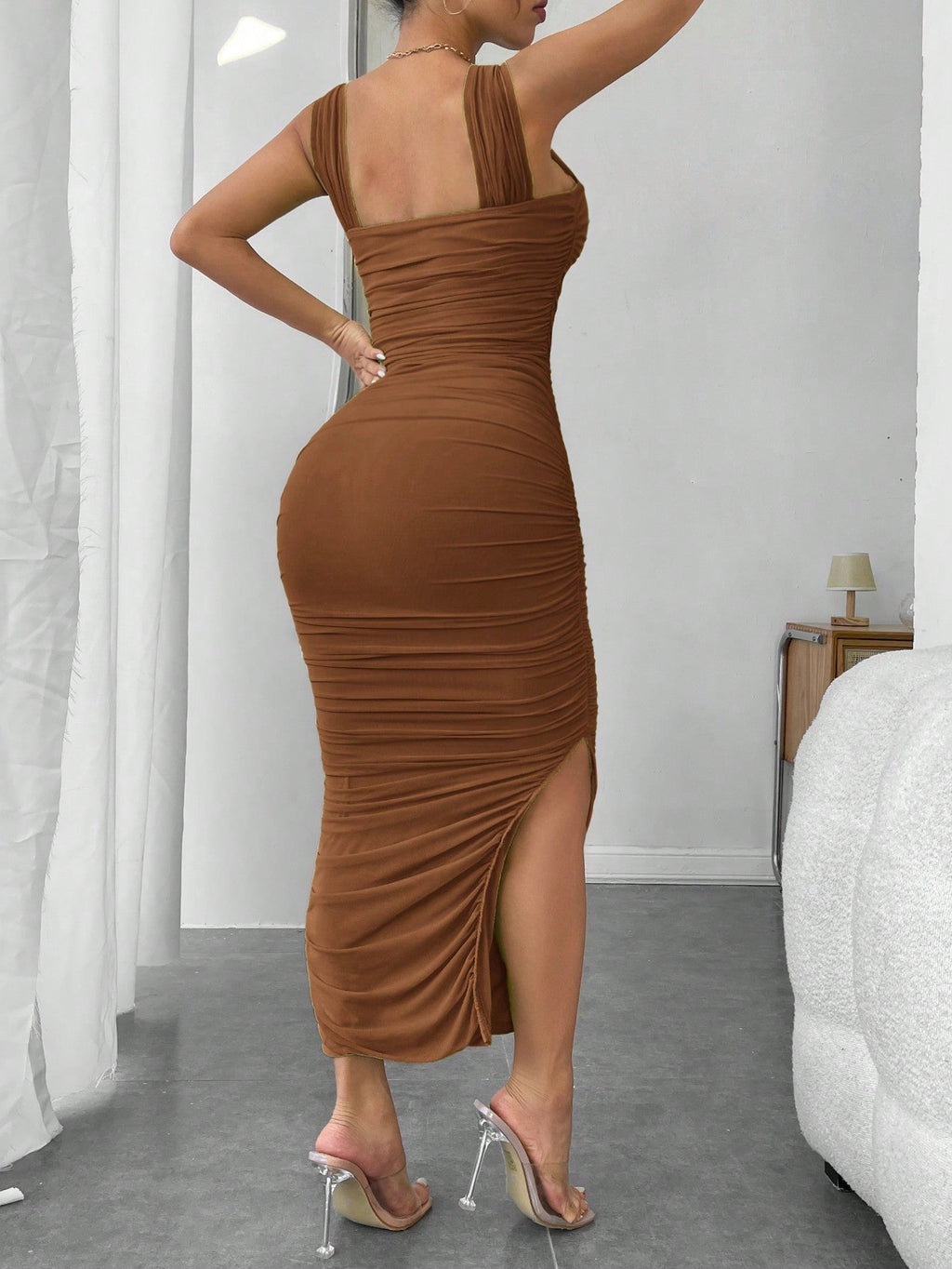 SXY Solid Ruched Split Thigh Bodycon Dress
