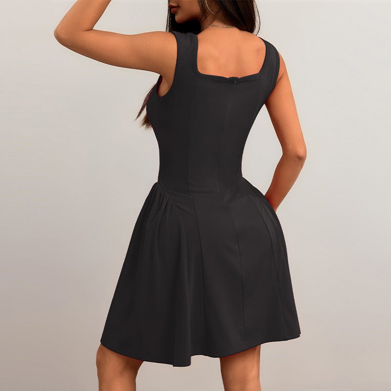 The Ruby Allure | Women's Backless Halter Square Neck Pleated Midi Dress