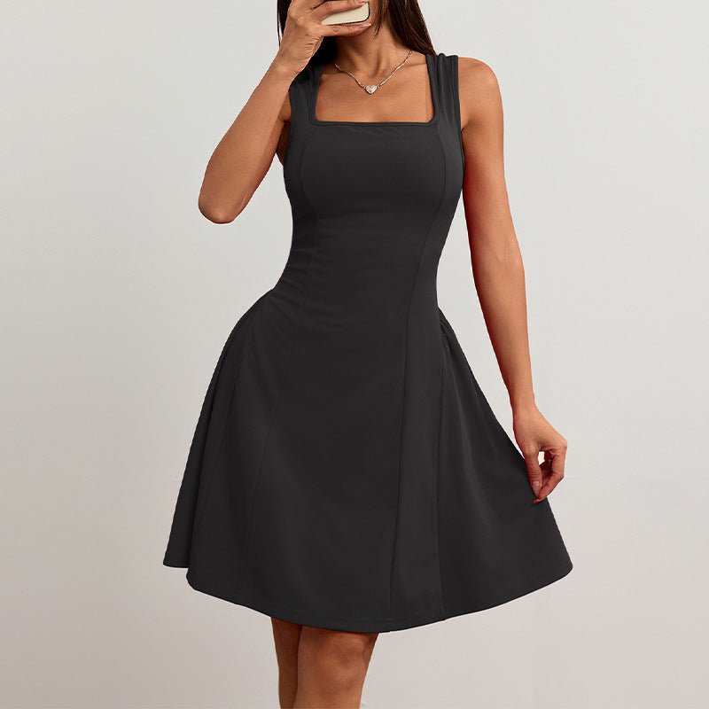 The Ruby Allure | Women's Backless Halter Square Neck Pleated Midi Dress