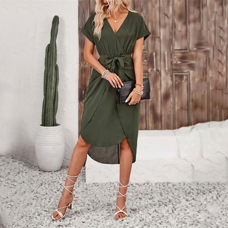 The Playful Knot | Solid Color V-Neck Wrap Slit Short Dress