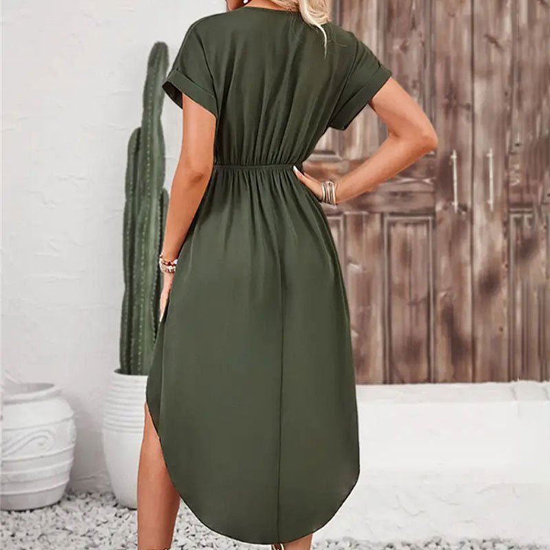The Playful Knot | Solid Color V-Neck Wrap Slit Short Dress