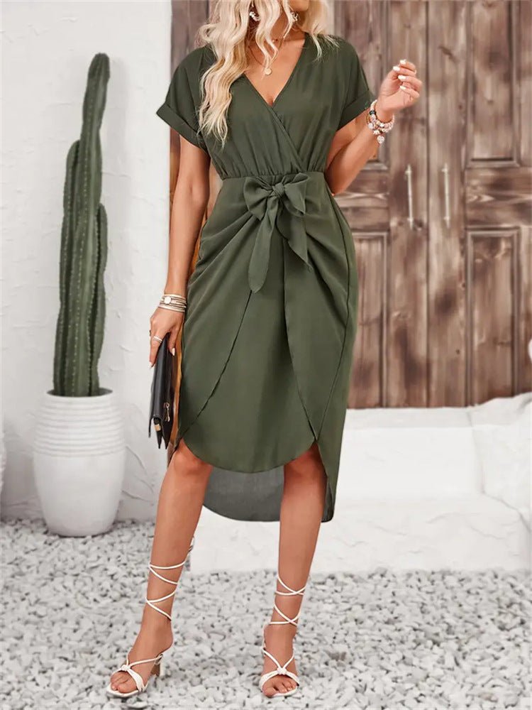 The Playful Knot | Solid Color V-Neck Wrap Slit Short Dress