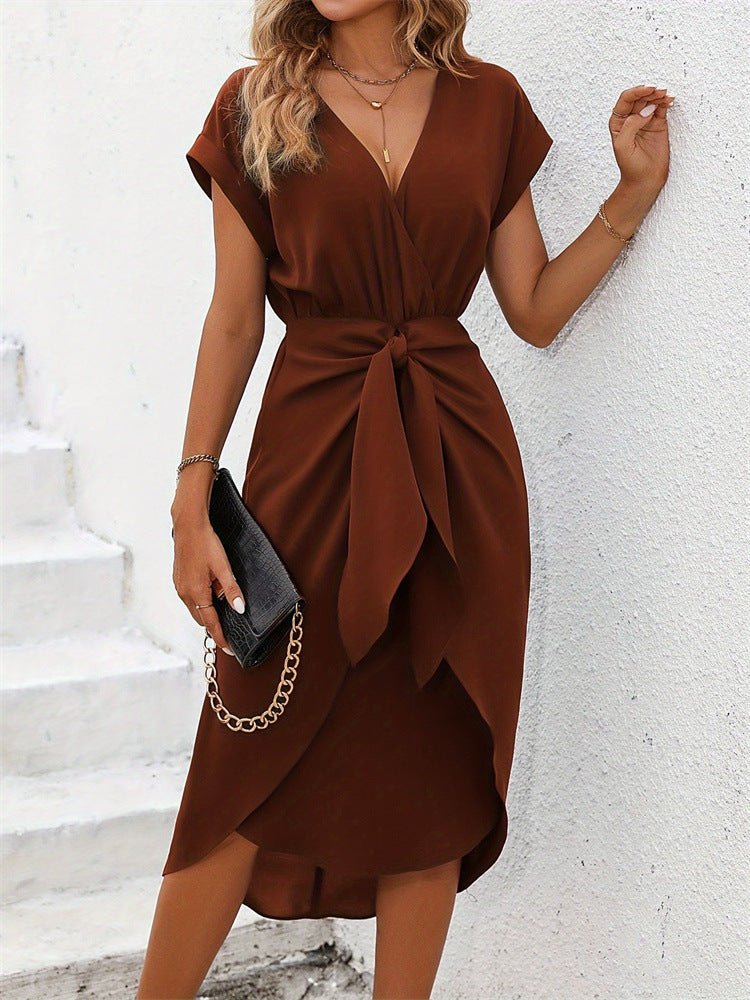 The Playful Knot | Solid Color V-Neck Wrap Slit Short Dress