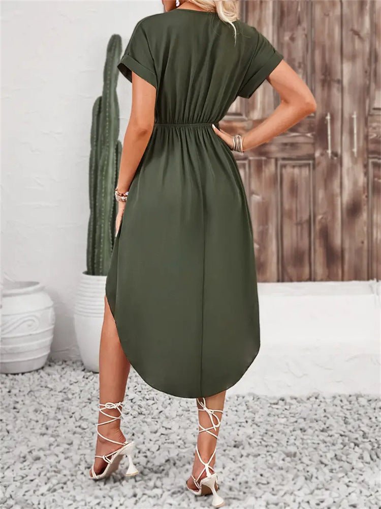 The Playful Knot | Solid Color V-Neck Wrap Slit Short Dress