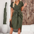 The Playful Knot | Solid Color V-Neck Wrap Slit Short Dress