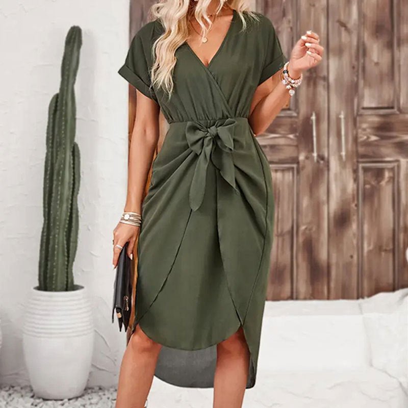 The Playful Knot | Solid Color V-Neck Wrap Slit Short Dress