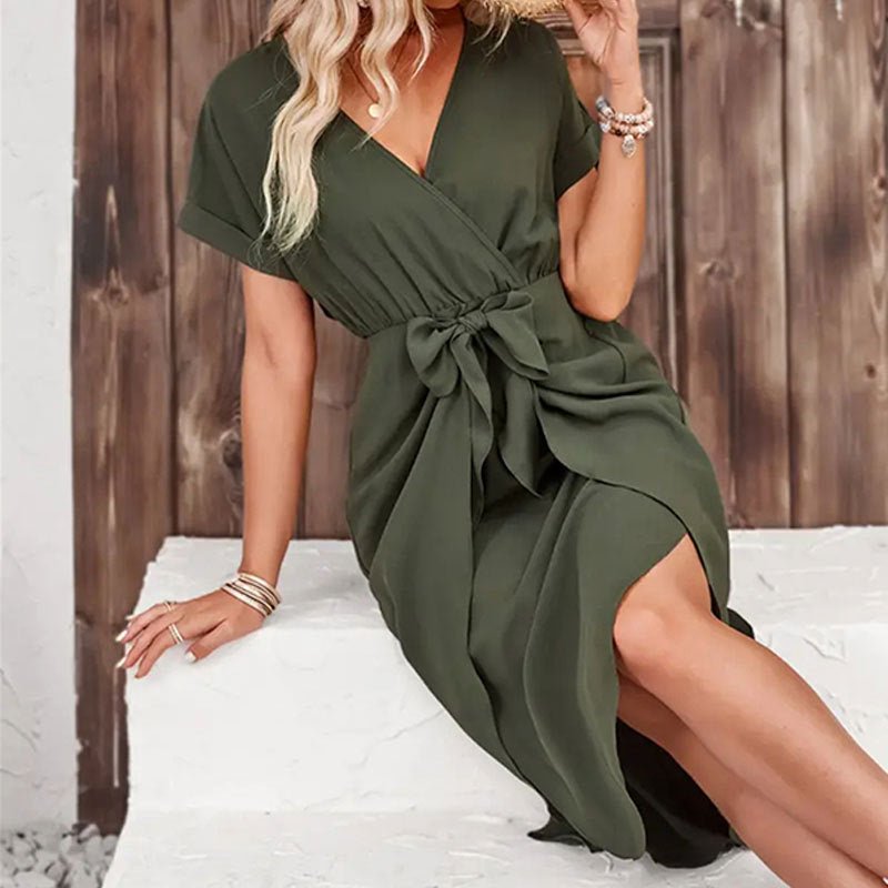 The Playful Knot | Solid Color V-Neck Wrap Slit Short Dress