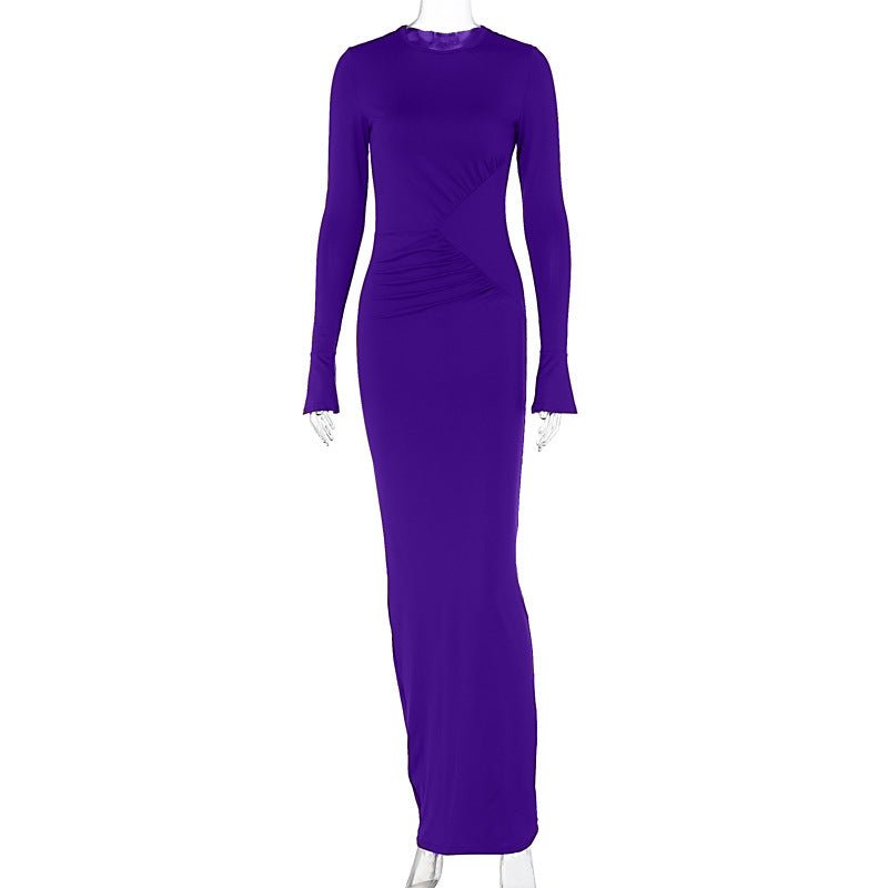 The Sleek Allure | Solid Color Ruched Long-Sleeve Bodycon Maxi Dress