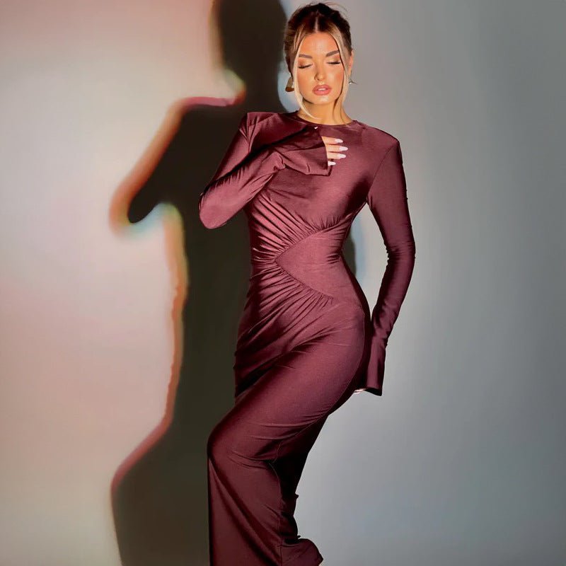 The Sleek Allure | Solid Color Ruched Long-Sleeve Bodycon Maxi Dress