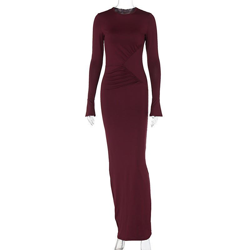 The Sleek Allure | Solid Color Ruched Long-Sleeve Bodycon Maxi Dress