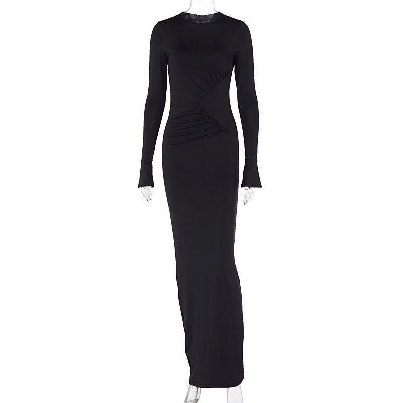 The Sleek Allure | Solid Color Ruched Long-Sleeve Bodycon Maxi Dress
