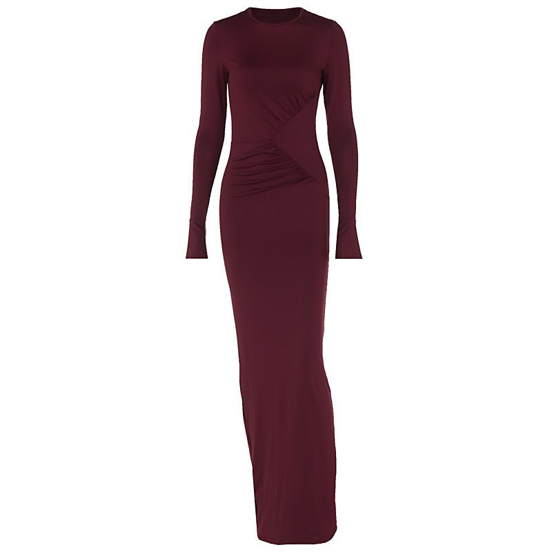 The Sleek Allure | Solid Color Ruched Long-Sleeve Bodycon Maxi Dress