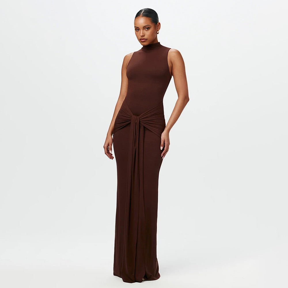 The Sleek Strap | Solid Color Crew Neck Suspender Maxi Dress