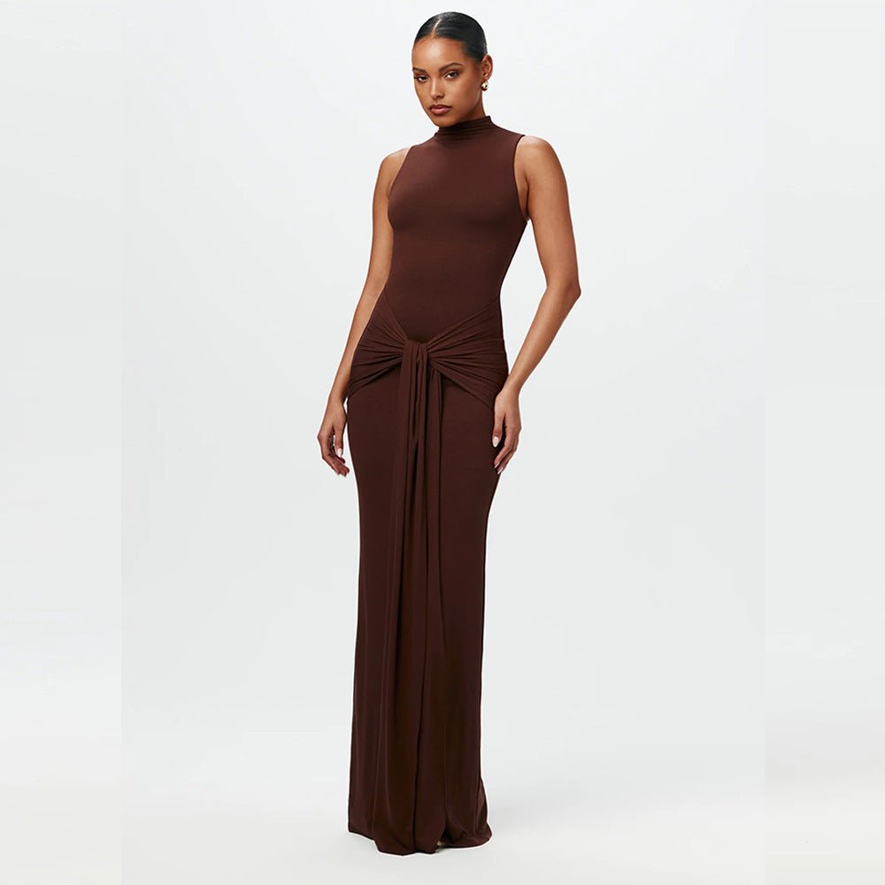The Sleek Strap | Solid Color Crew Neck Suspender Maxi Dress