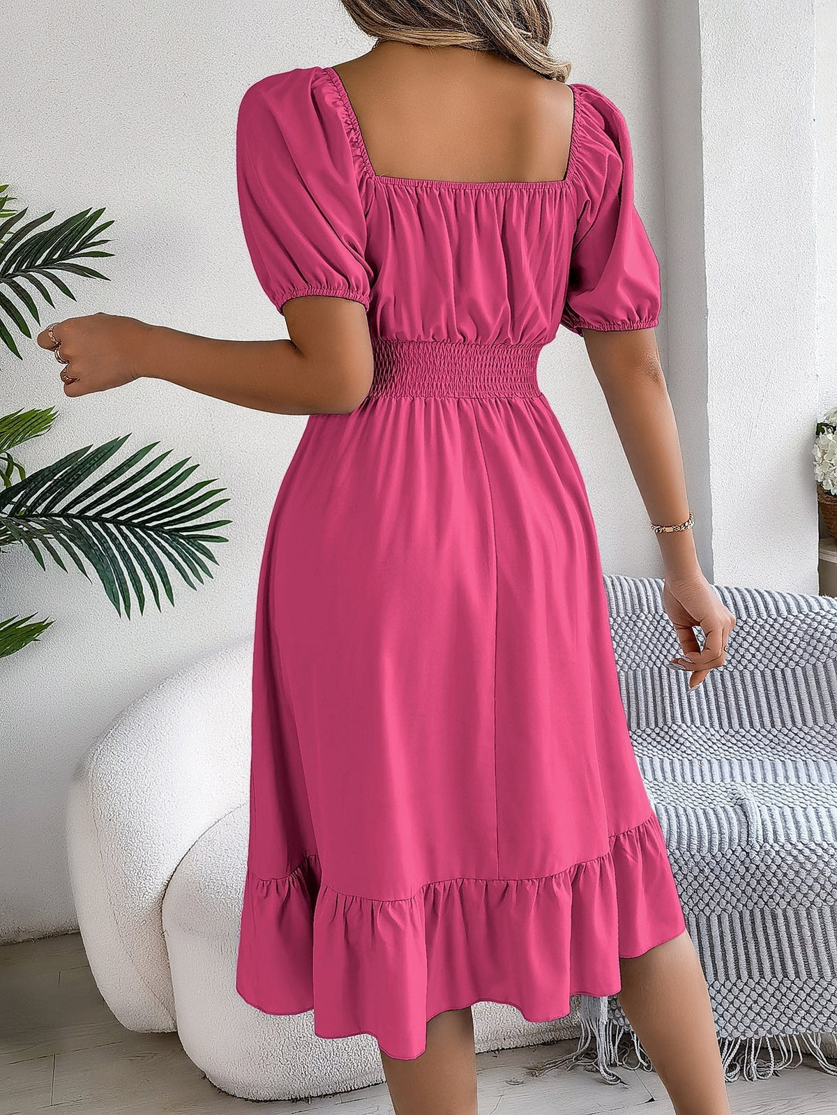 The Ruffled Charm | Solid Color Square-Neck Ruffled A-Line Midi Dress
