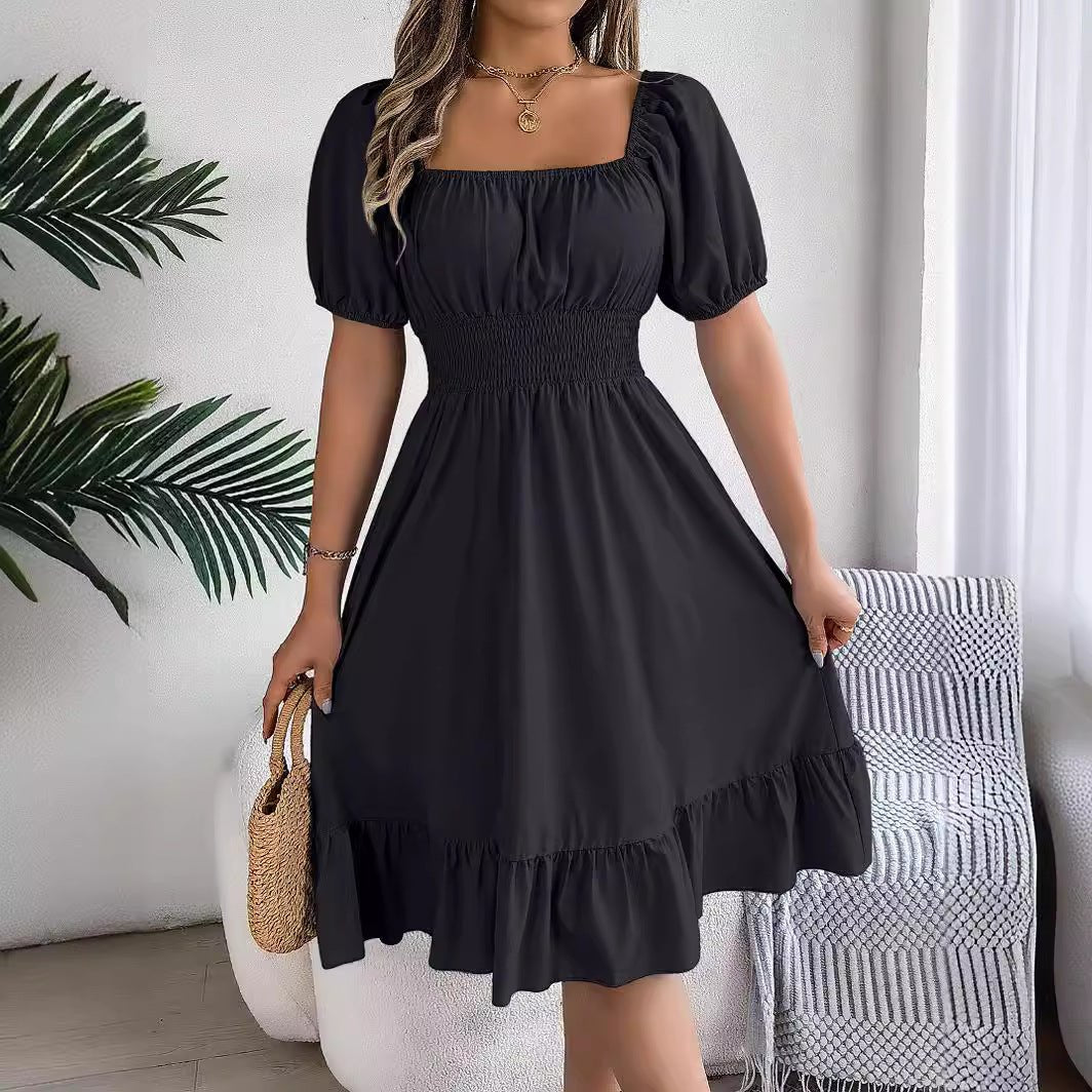 The Ruffled Charm | Solid Color Square-Neck Ruffled A-Line Midi Dress