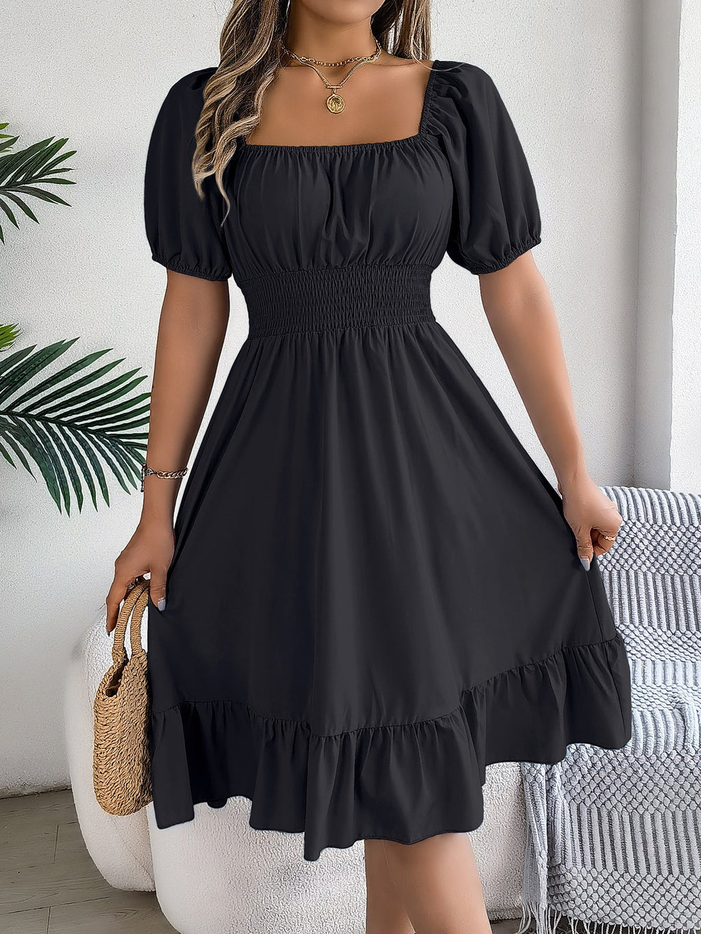 The Ruffled Charm | Solid Color Square-Neck Ruffled A-Line Midi Dress