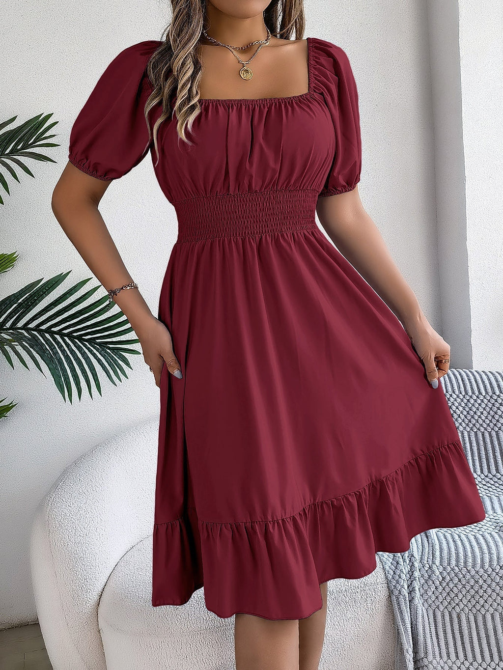 The Ruffled Charm | Solid Color Square-Neck Ruffled A-Line Midi Dress