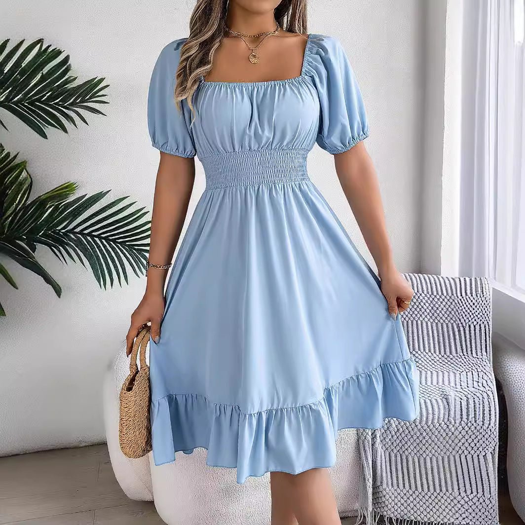 The Ruffled Charm | Solid Color Square-Neck Ruffled A-Line Midi Dress