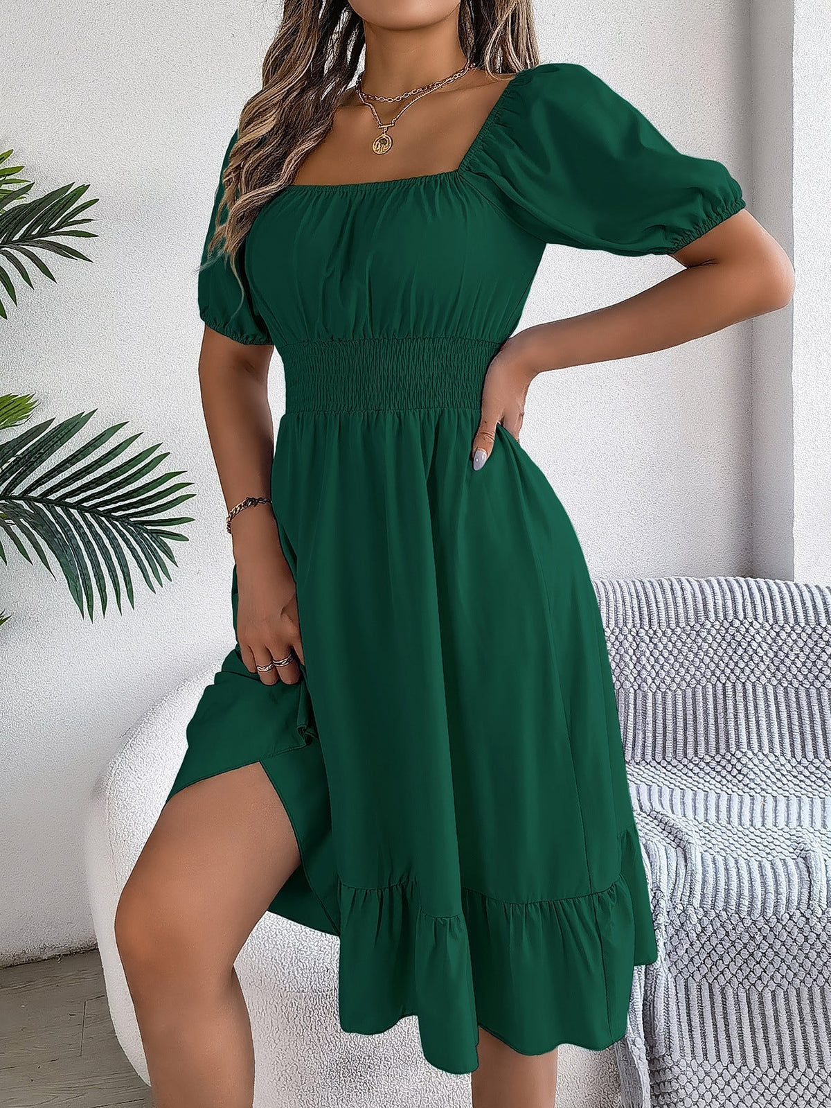 The Ruffled Charm | Solid Color Square-Neck Ruffled A-Line Midi Dress