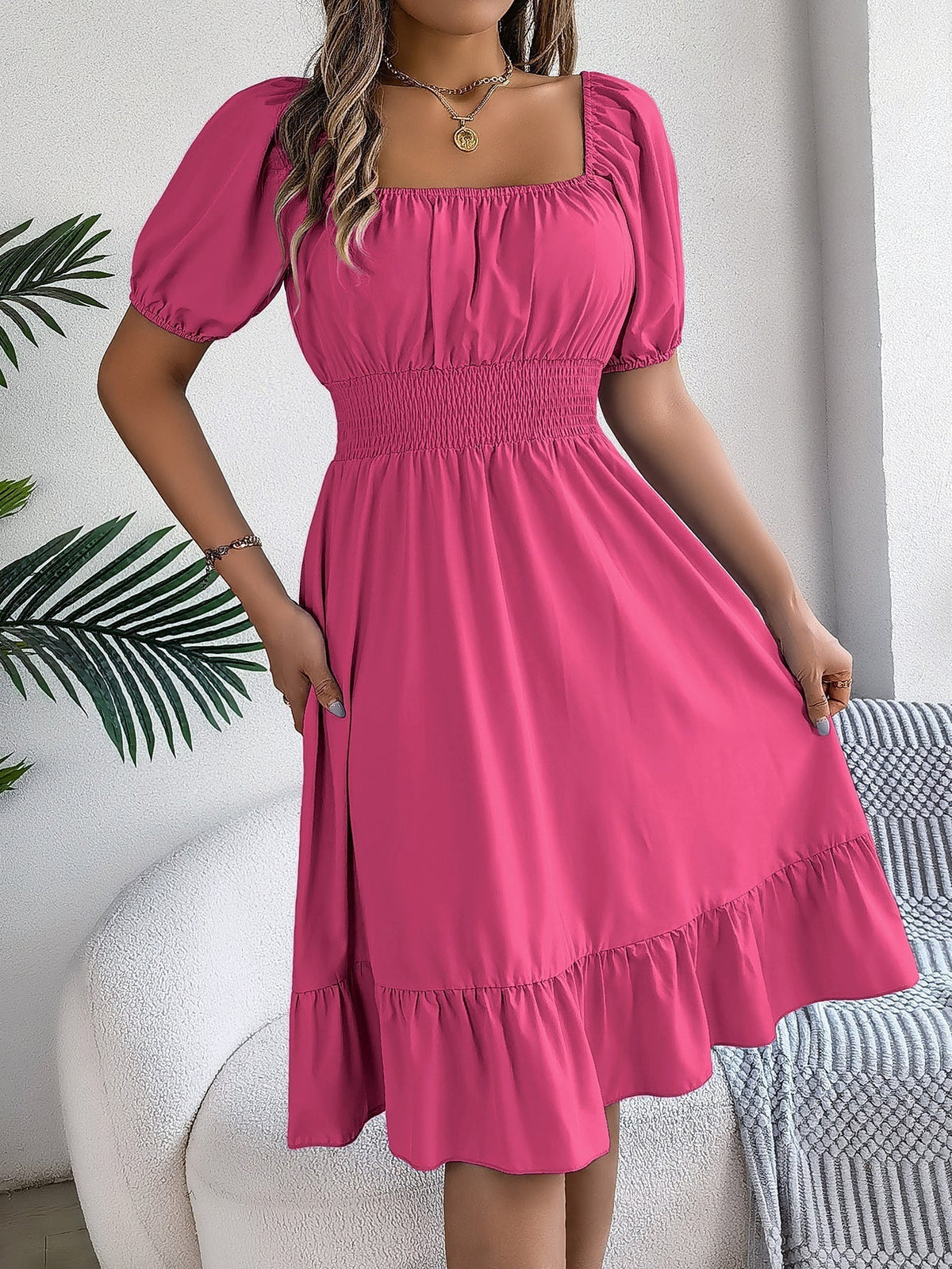 The Ruffled Charm | Solid Color Square-Neck Ruffled A-Line Midi Dress