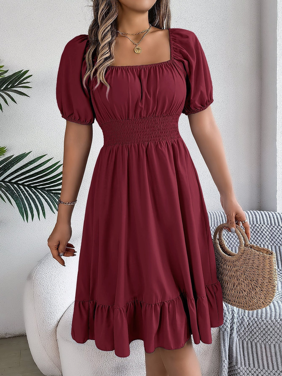 The Ruffled Charm | Solid Color Square-Neck Ruffled A-Line Midi Dress