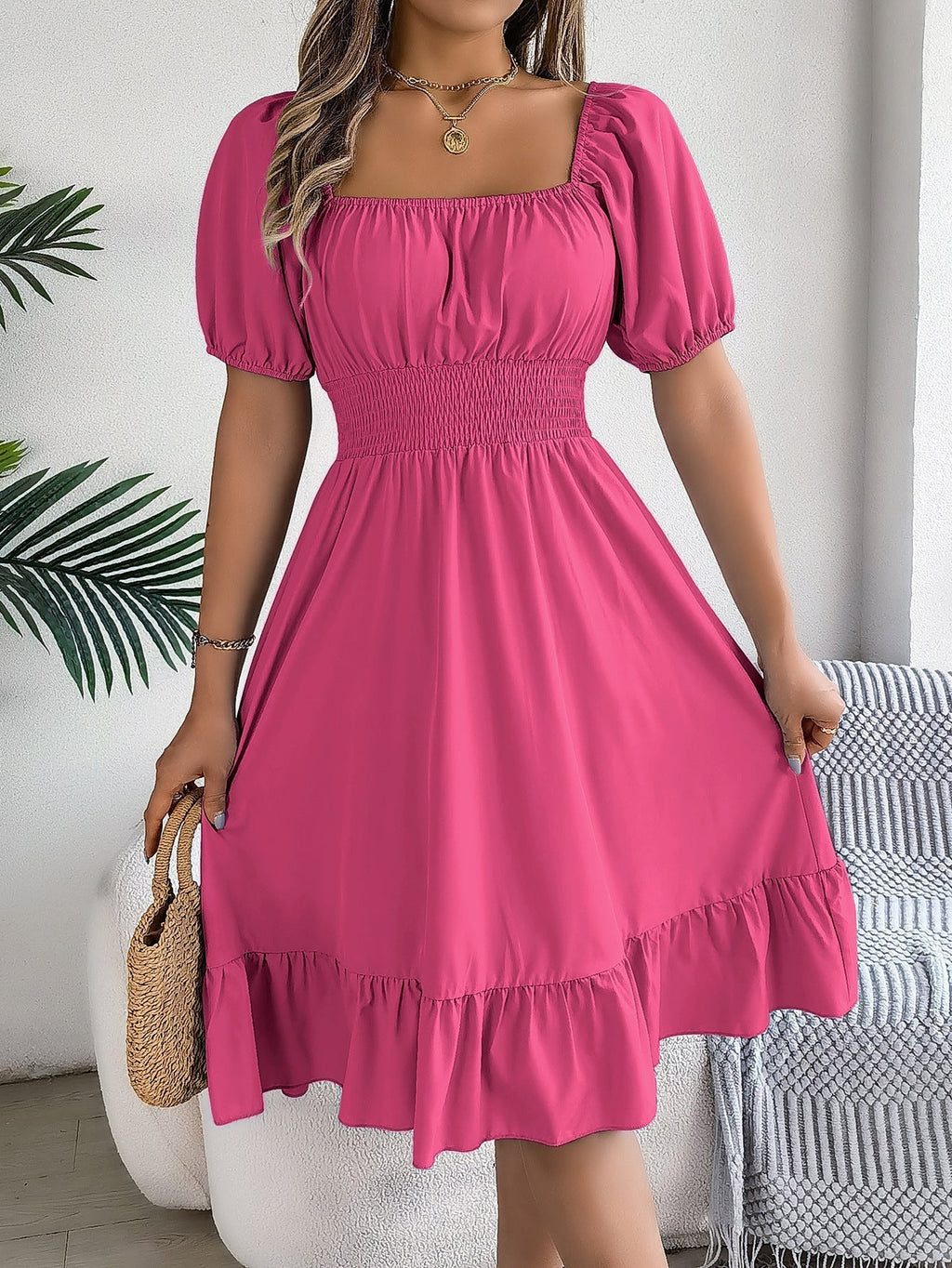 The Ruffled Charm | Solid Color Square-Neck Ruffled A-Line Midi Dress
