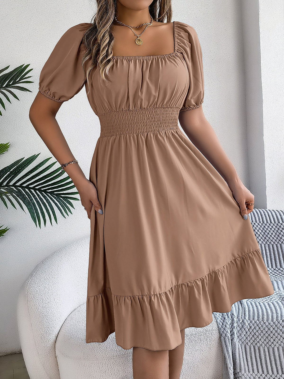 The Ruffled Charm | Solid Color Square-Neck Ruffled A-Line Midi Dress