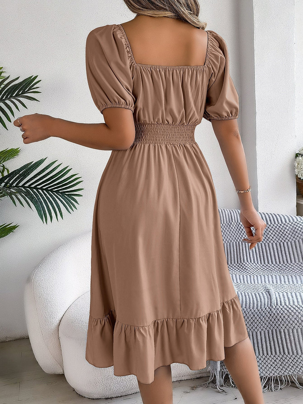 The Ruffled Charm | Solid Color Square-Neck Ruffled A-Line Midi Dress