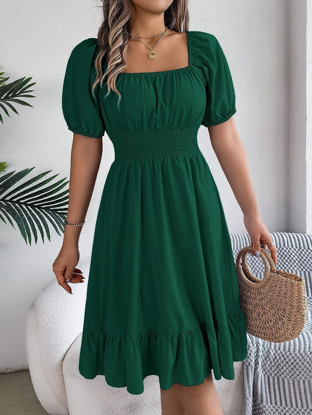 The Ruffled Charm | Solid Color Square-Neck Ruffled A-Line Midi Dress