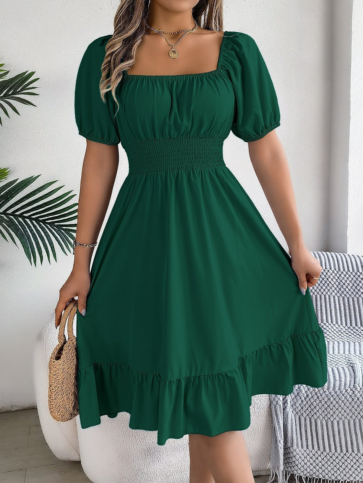 The Ruffled Charm | Solid Color Square-Neck Ruffled A-Line Midi Dress